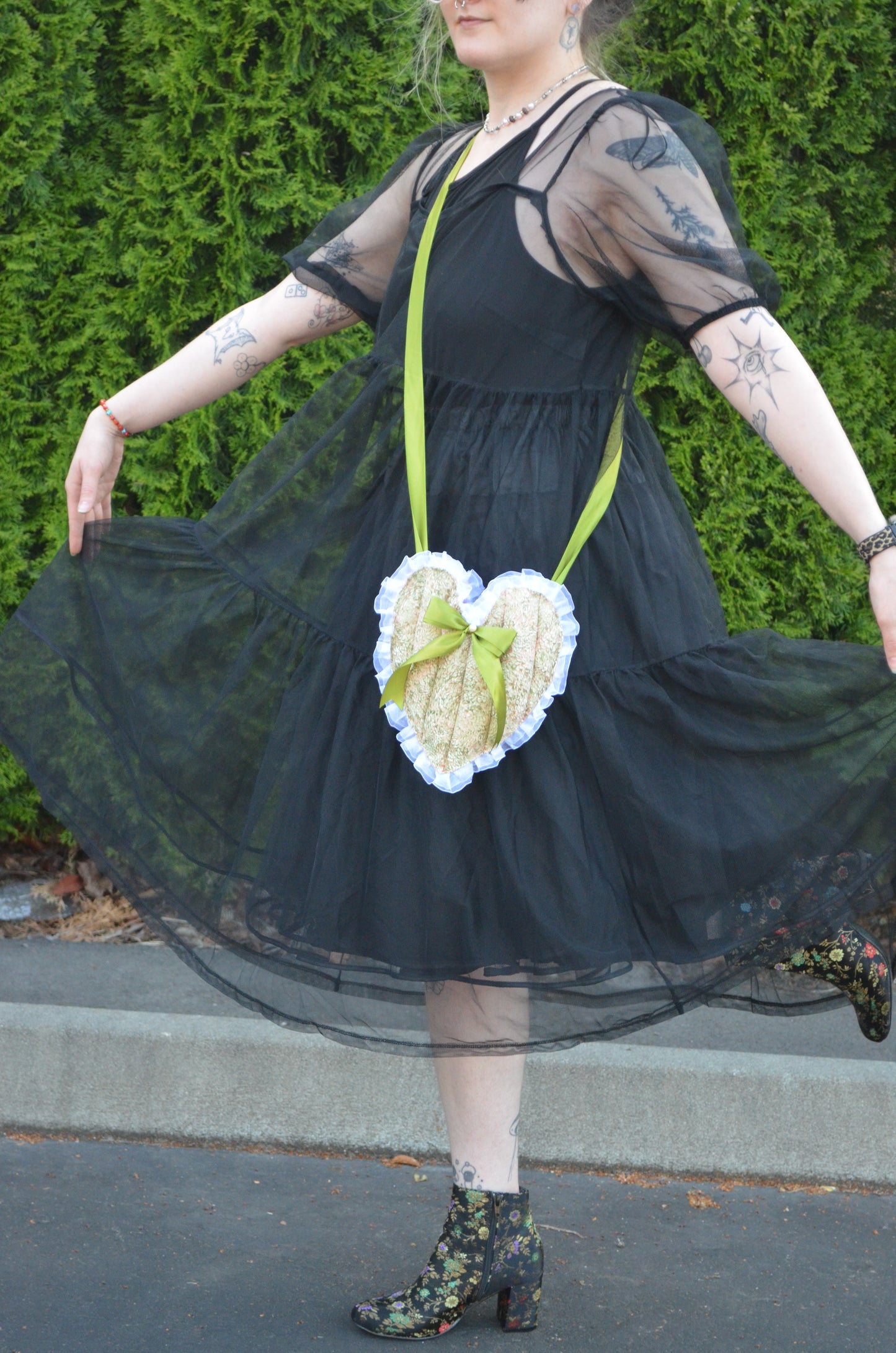 Puff Purse - Green and pink fabric with white and green accents