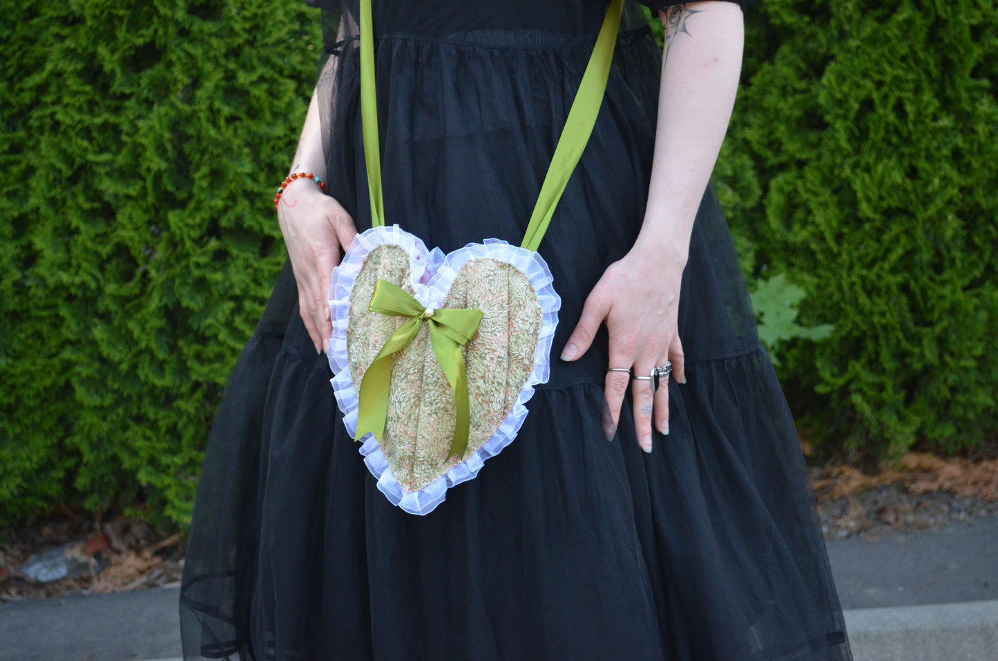 Puff Purse - Green and pink fabric with white and green accents