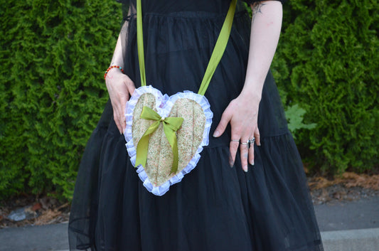 Puff Purse - Green and pink fabric with white and green accents