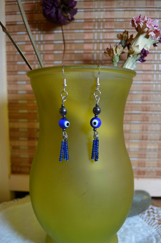 Earrings - Evil Eye/Hematite earrings with blue seed beads