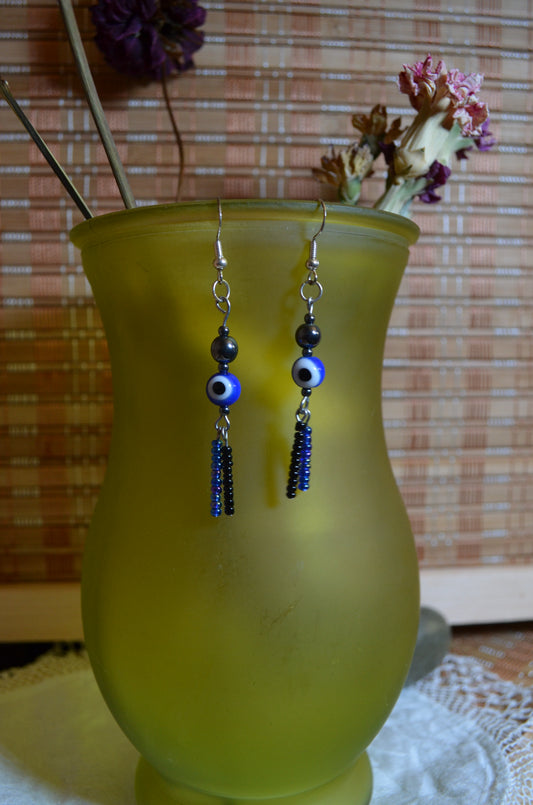 Earrings - Evil Eye/Hematite beads with black and blue seed beads