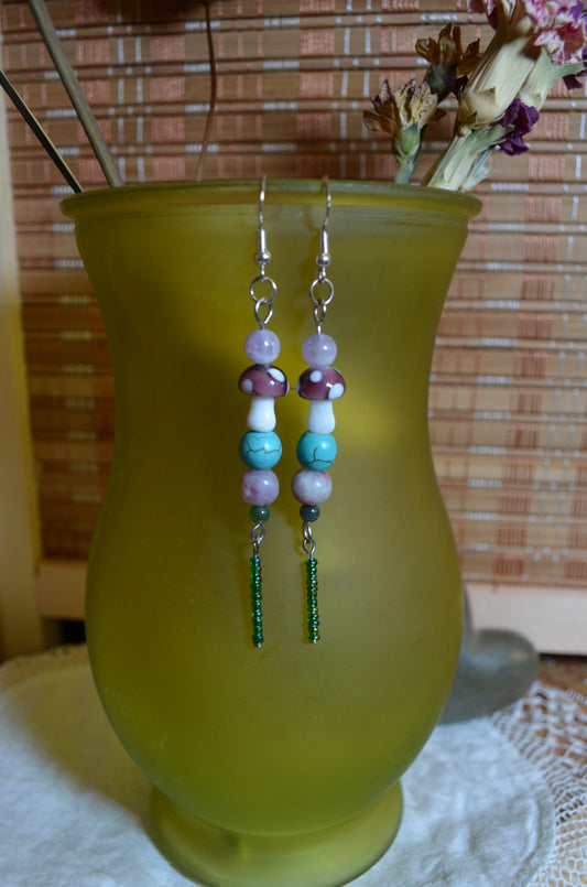 Earrings - Multicolor stone beads with glass mushroom beads